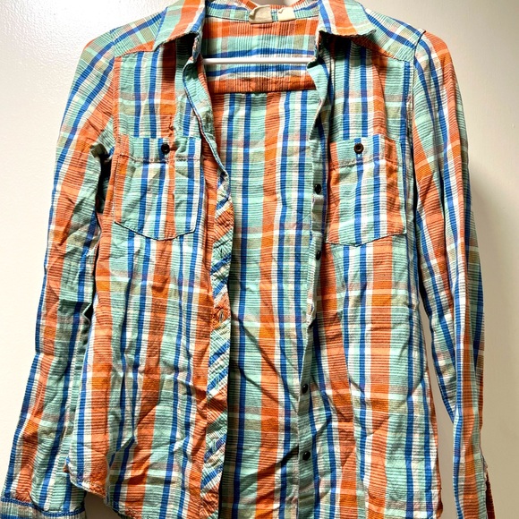 Women’s XS Roxy salmon, blue, green, white, plaid, button down long sleeve - Picture 1 of 4